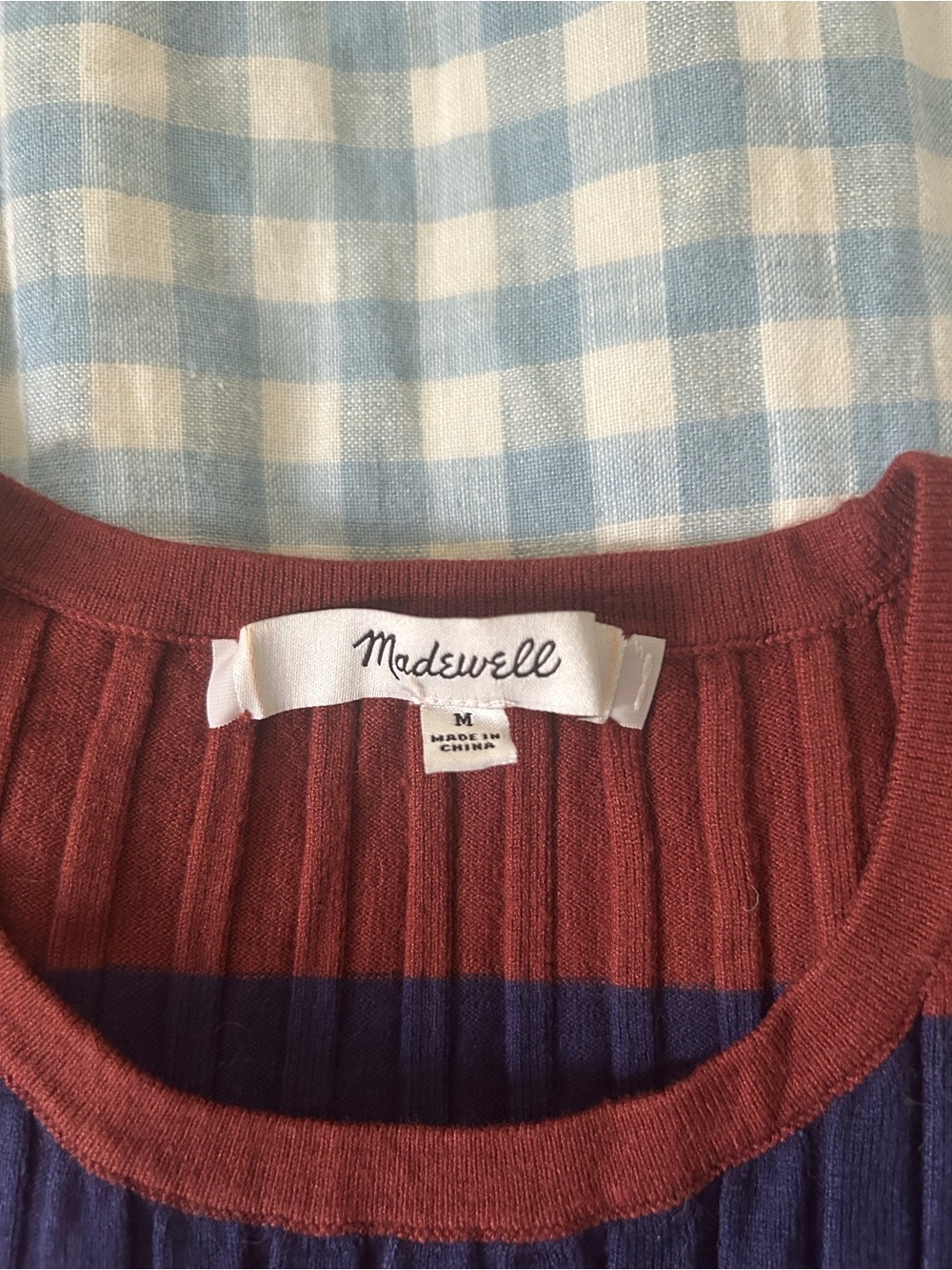 Madewell Ribbed Midi Dress in Rust and Navy